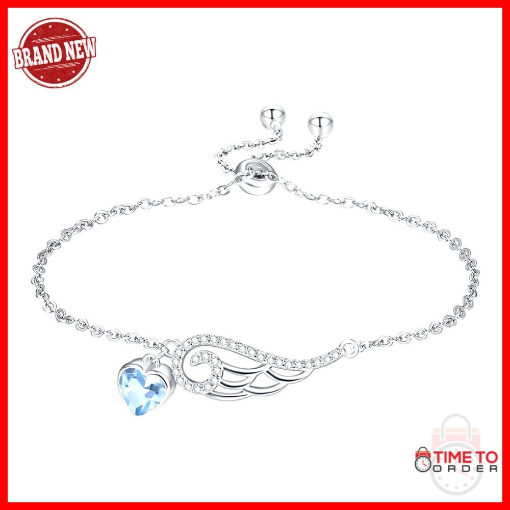 925 Sterling Silver Angel Wing Bracelet Adjustable Heart Birthstone Jewelry Gift - Picture 1 of 7